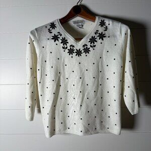 C.D. Petites 100% Cashmere Off White and Black Polka Dot & Flower Sweater Sz. M